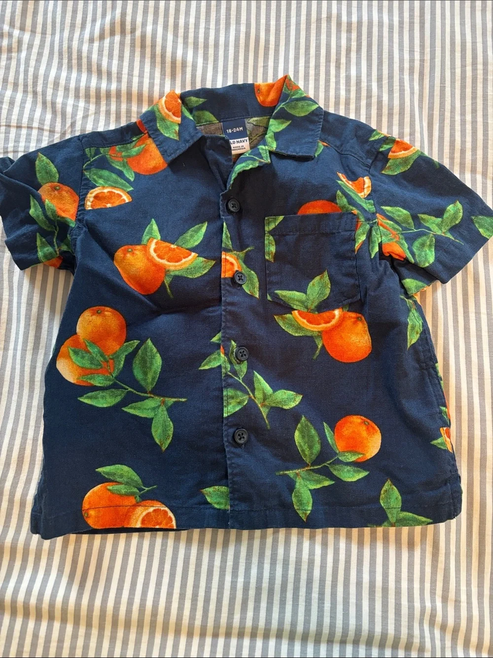 Old Navy Navy Button-Up Shirt with Orange Fruit Print